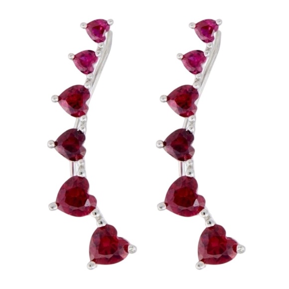 SAVVY CIE • Ruby Red & Pink Hearts Love Sterling Silver Ear Crawler Earrings - Picture 5 of 6